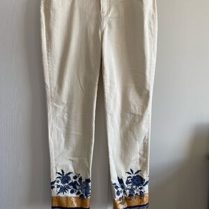 Chico's Cream Chinos with Blue Floral Design